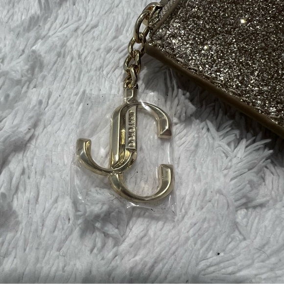Jimmy Choo Gold Glitter Mini Wallet Coin Card ID Purse Pouch Charm Logo - Picture 4 of 7